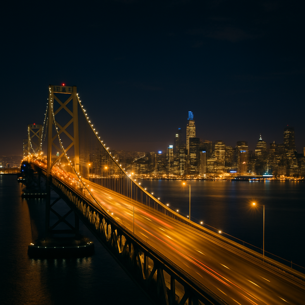Bay Bridge at night with San Francisco skyline